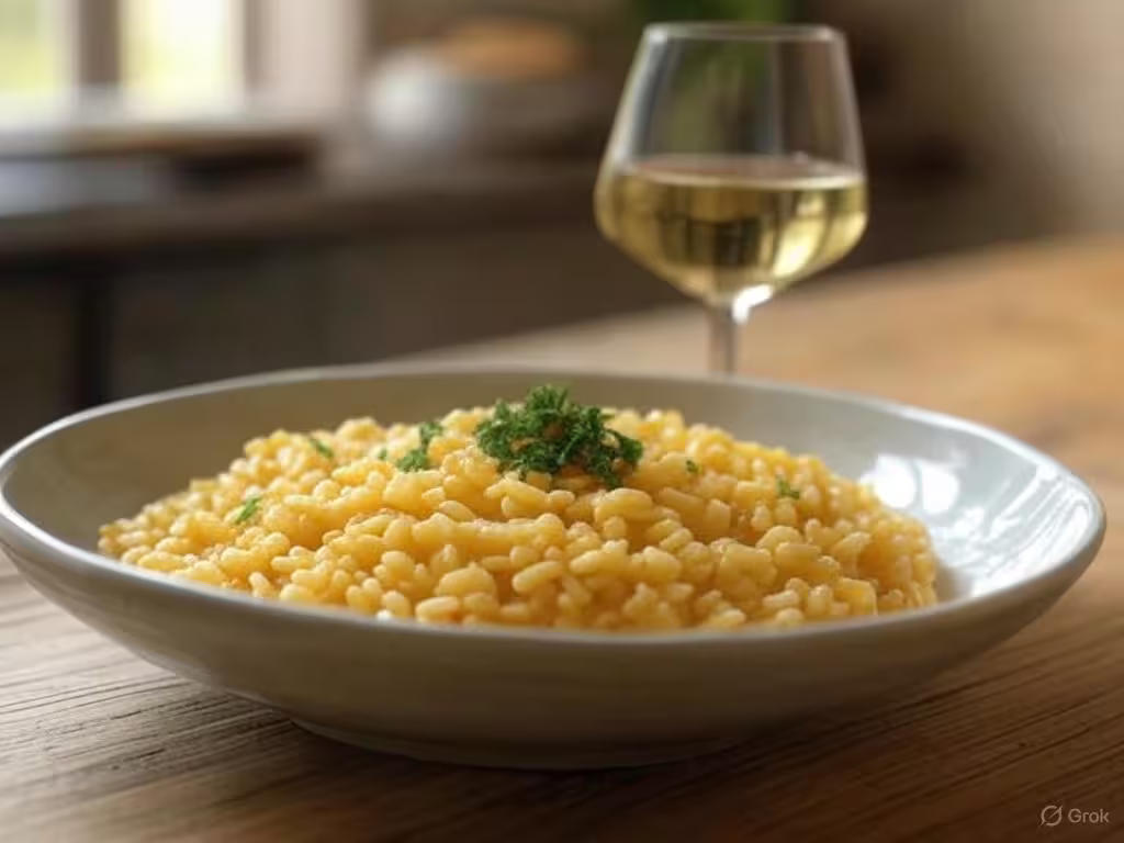Risotto onctueux aux Pieds de Mouton et safran servi dans une assiette profonde