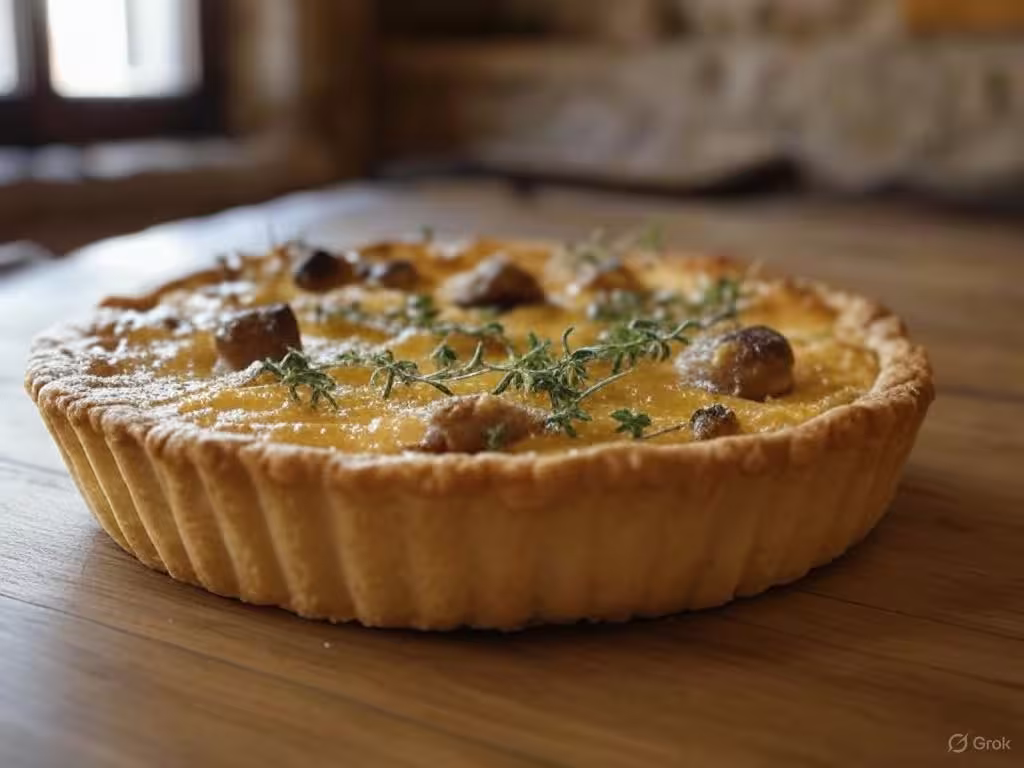 Tarte rustique aux Pieds de Mouton dorée avec garniture de thym frais