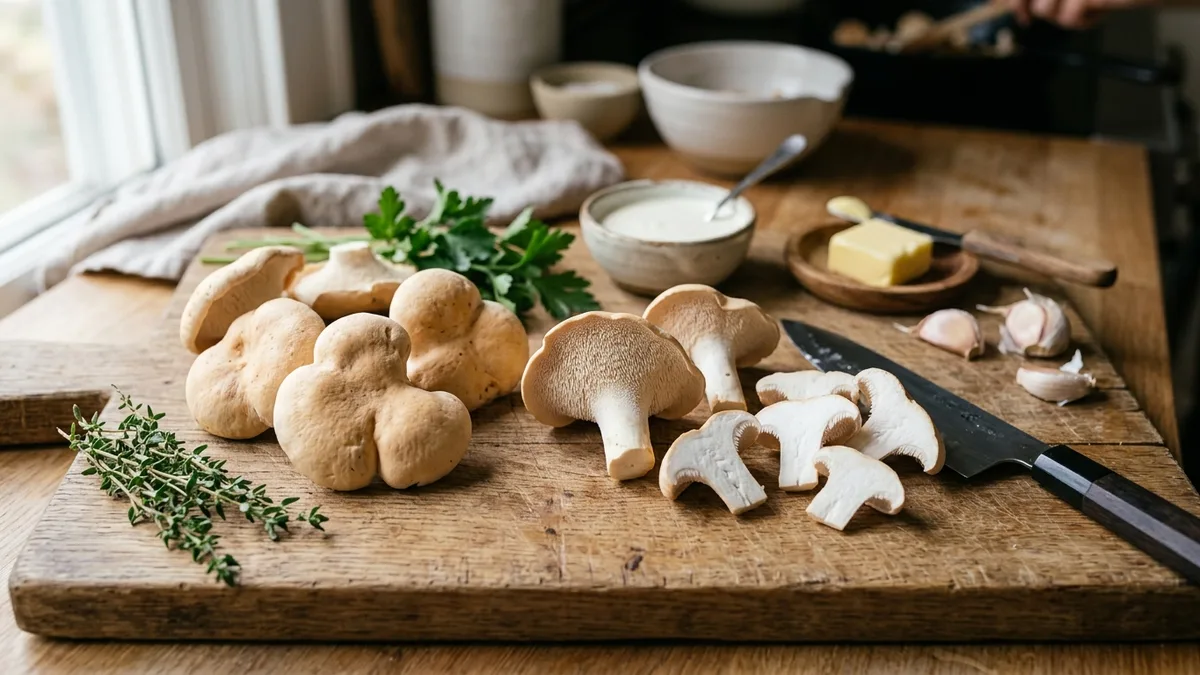 Pieds-de-mouton frais sur planche en bois avec couteau, thym, ail, crème et beurre prêts à cuisiner