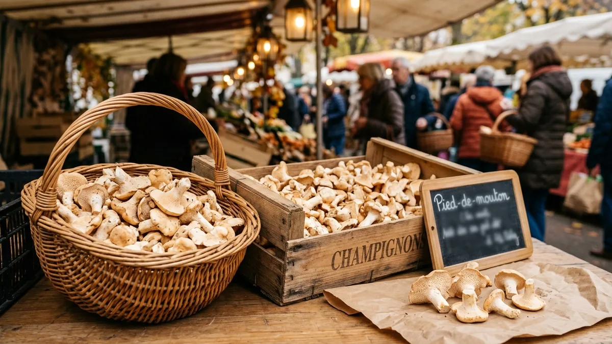 Pieds-de-mouton frais en vente sur un marché français en automne
